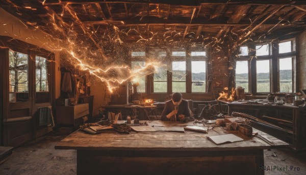 black hair,1boy,sitting,sky,day,cloud,indoors,tree,cup,book,window,chair,table,sunlight,fire,scenery,desk,paper,electricity,lamp,lightning,solo,short hair,shirt,male focus,curtains