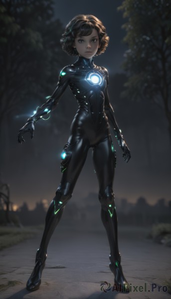 1girl,solo,breasts,looking at viewer,short hair,bangs,brown hair,black hair,brown eyes,closed mouth,standing,full body,braid,small breasts,outdoors,artist name,blurry,tree,lips,bodysuit,night,depth of field,blurry background,glowing,ass visible through thighs,skin tight,forest,science fiction,legs apart,arms at sides,black bodysuit,cyborg,neon trim,black eyes,backlighting,curly hair,android,joints,mechanical arms,robot joints,cyberpunk