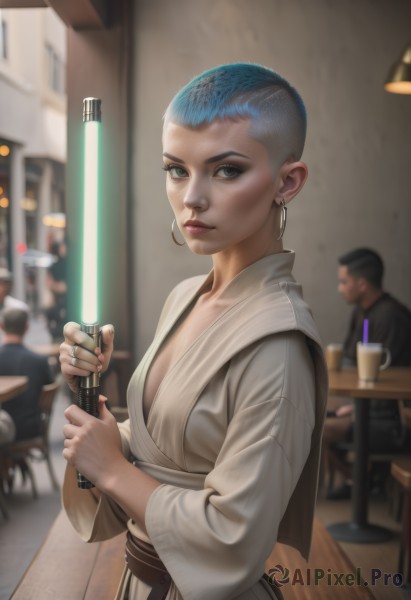 1girl,breasts,looking at viewer,short hair,1boy,holding,cleavage,jewelry,blue hair,weapon,earrings,small breasts,solo focus,belt,sword,indoors,holding weapon,blurry,cup,lips,grey eyes,makeup,blurry background,holding sword,table,ring,science fiction,drinking straw,robe,hoop earrings,realistic,nose,very short hair,dougi,energy sword,restaurant,cafe,lightsaber,blue eyes,medium breasts,multicolored hair,multiple boys,two-tone hair,watermark,chair,piercing,asymmetrical hair,mohawk