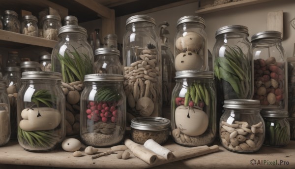 food,indoors,no humans,fruit,bird,animal,bottle,plant,scenery,apple,basket,mushroom,shelf,grapes,bear,food focus,jar,leaf,egg,statue