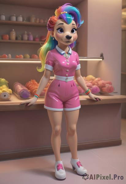 1girl,solo,long hair,breasts,looking at viewer,blush,smile,blonde hair,shirt,hair ornament,animal ears,jewelry,closed mouth,blue hair,standing,purple eyes,full body,ponytail,purple hair,short sleeves,multicolored hair,earrings,small breasts,food,green hair,shoes,shorts,shiny,collared shirt,artist name,indoors,signature,dark skin,star (symbol),nail polish,orange hair,blurry,black eyes,high heels,bracelet,two-tone hair,dark-skinned female,streaked hair,short shorts,makeup,:3,buttons,fruit,blurry background,happy,white footwear,lipstick,wristband,furry,eyeshadow,personification,freckles,pink shirt,furry female,apple,bangle,body fur,bear ears,animal nose,bear,pink shorts,counter,short jumpsuit,blue eyeshadow,rainbow hair,bangs,blue eyes,bow,pink hair,mole,bare legs,gradient hair,watermark,bottle,shelf