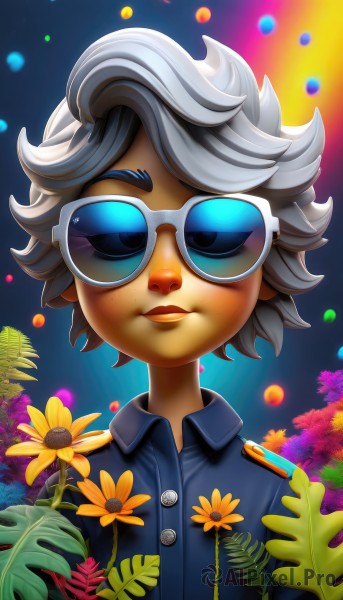 solo,looking at viewer,smile,short hair,blue eyes,shirt,1boy,upper body,flower,white hair,grey hair,male focus,collared shirt,artist name,uniform,leaf,sunglasses,blue shirt,yellow flower,sunflower,tinted eyewear,lips,watermark,aged down,child,web address,freckles,holding flower,male child