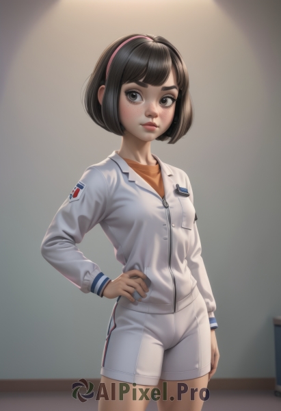 1girl,solo,breasts,looking at viewer,short hair,bangs,brown hair,shirt,black hair,long sleeves,brown eyes,closed mouth,standing,jacket,white shirt,cowboy shot,hairband,small breasts,shorts,artist name,indoors,black eyes,lips,hand on hip,grey eyes,short shorts,bob cut,white jacket,thick eyebrows,zipper,freckles,arm at side,white shorts,nose,orange shirt,realistic,pink hairband