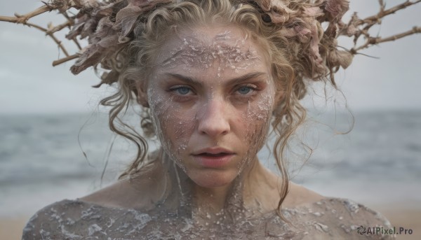 1girl,solo,looking at viewer,short hair,blue eyes,blonde hair,outdoors,parted lips,day,water,blurry,lips,blurry background,ocean,beach,portrait,realistic,sand,closed mouth,upper body,eyelashes,depth of field,close-up,freckles,straight-on