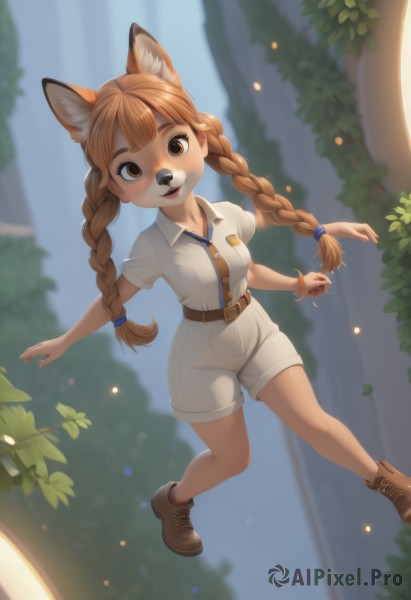 1girl,solo,long hair,breasts,looking at viewer,smile,open mouth,bangs,brown hair,shirt,animal ears,twintails,brown eyes,jewelry,full body,white shirt,braid,short sleeves,small breasts,boots,outdoors,shoes,shorts,day,collared shirt,belt,artist name,blurry,twin braids,bracelet,tree,animal ear fluff,fox ears,blurry background,brown footwear,happy,outstretched arms,fox girl,dog ears,nature,furry,forest,pocket,white shorts,furry female,brown belt,animal nose,teeth,dutch angle,buttons,plant,freckles