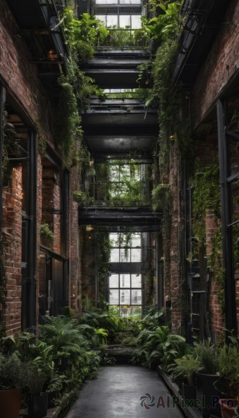 outdoors,day,indoors,no humans,window,sunlight,plant,scenery,stairs,door,potted plant,ruins,vines,moss,overgrown,building,brick wall,industrial pipe