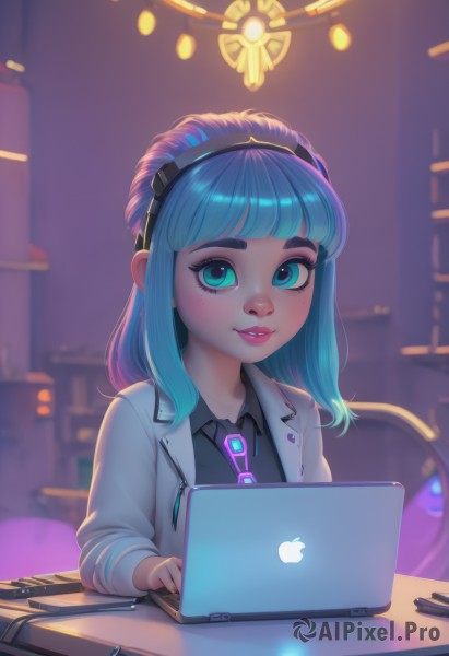 1girl,solo,long hair,looking at viewer,smile,bangs,blue eyes,shirt,long sleeves,green eyes,blue hair,jacket,upper body,multicolored hair,hairband,parted lips,open clothes,necktie,teeth,shiny,collared shirt,artist name,indoors,blunt bangs,medium hair,blurry,shiny hair,aqua eyes,open jacket,lips,black shirt,blurry background,table,white jacket,thick eyebrows,black hairband,freckles,computer,laptop,tablet pc,aqua hair,makeup,watermark,child,web address,pink lips,nose,labcoat,cable,pencil