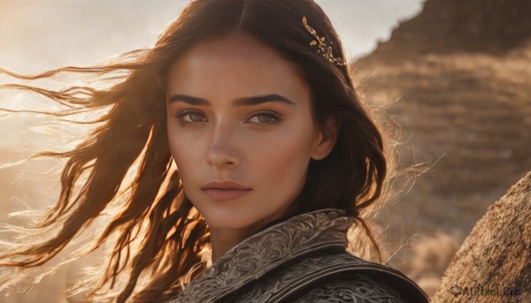 1girl,solo,long hair,looking at viewer,brown hair,brown eyes,closed mouth,outdoors,wings,blurry,lips,floating hair,blurry background,wind,portrait,feathered wings,realistic,nose,hair ornament,sky,day,signature,eyelashes,depth of field,thick eyebrows,close-up,desert