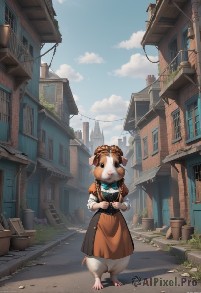 1girl,solo,long sleeves,dress,bow,holding,animal ears,standing,tail,full body,braid,outdoors,sky,day,puffy sleeves,artist name,cloud,signature,bowtie,apron,twin braids,blue sky,no humans,animal,plant,building,scenery,corset,furry,dog,city,fantasy,furry female,potted plant,road,house,street,brown hair,window,shadow,blue bow,grass,blue bowtie,cityscape,brown dress,vines,power lines,utility pole,orange dress,flower pot,town,watering can