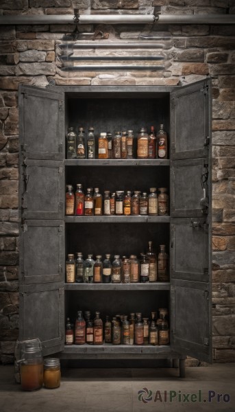 cup,no humans,bottle,scenery,alcohol,stairs,realistic,wall,brick wall,shelf,bar (place),still life,whiskey,indoors,door,glass,jar,barrel,stone wall