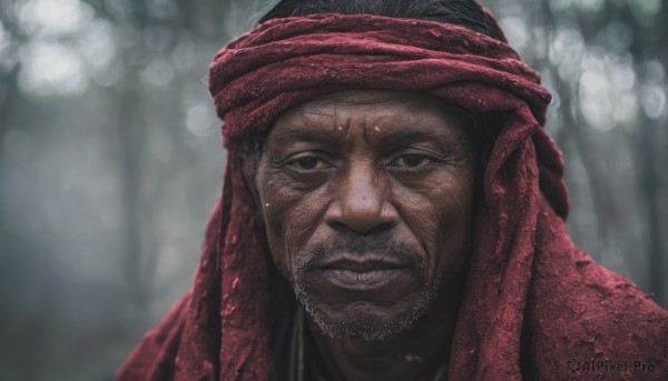 solo,looking at viewer,black hair,1boy,male focus,sweat,outdoors,teeth,dark skin,blurry,black eyes,depth of field,blurry background,facial hair,portrait,beard,realistic,mustache,old,turban,closed mouth,headband,scar,manly,wrinkled skin