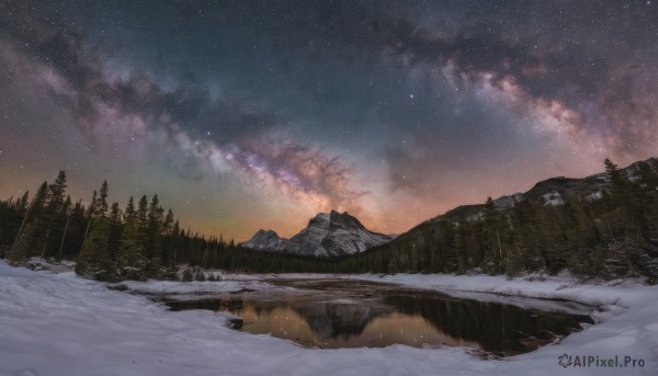 outdoors,sky,cloud,signature,water,tree,no humans,night,cloudy sky,star (sky),nature,night sky,scenery,snow,forest,starry sky,reflection,sunset,mountain,winter,river,landscape,pine tree,snowing,lake,milky way