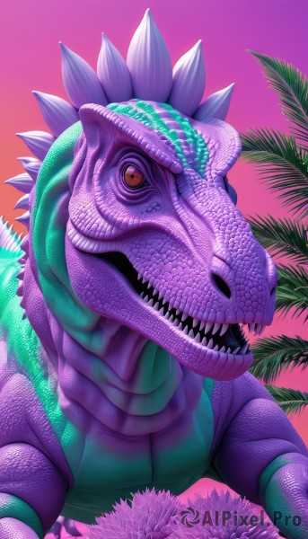 solo,looking at viewer,open mouth,simple background,red eyes,teeth,tongue,orange eyes,gradient,no humans,fangs,pink background,sharp teeth,purple background,monster,realistic,palm tree,scales,dinosaur,pokemon (creature),leaf,watermark,plant,web address