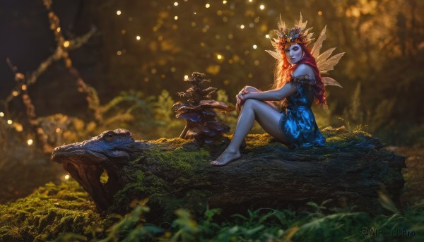 1girl,solo,long hair,blue eyes,hair ornament,dress,bare shoulders,sitting,red hair,outdoors,wings,barefoot,nail polish,orange hair,blurry,from side,tree,bare legs,depth of field,blurry background,blue dress,colored skin,animal,grass,plant,instrument,nature,light particles,forest,fantasy,fairy,fireflies,tree stump,closed eyes,pointy ears,crown,realistic,blue skin,fairy wings,frog