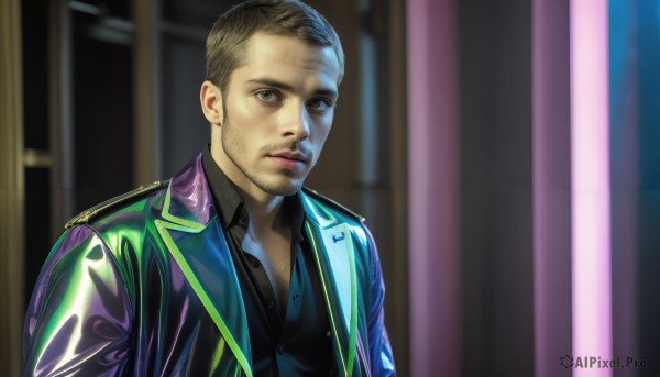 HQ,solo,looking at viewer,short hair,brown hair,shirt,black hair,1boy,brown eyes,closed mouth,jacket,upper body,male focus,open clothes,collared shirt,indoors,blurry,black eyes,vest,open jacket,lips,black shirt,blurry background,facial hair,realistic,stubble,purple jacket,dress shirt,very short hair