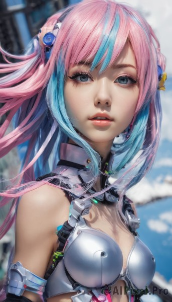 1girl,solo,long hair,breasts,looking at viewer,bangs,blue eyes,hair ornament,cleavage,bare shoulders,medium breasts,blue hair,upper body,pink hair,multicolored hair,small breasts,parted lips,sky,day,blurry,two-tone hair,lips,clothing cutout,eyelashes,makeup,blurry background,headgear,lipstick,science fiction,realistic,android