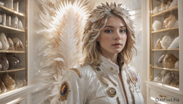 1girl,solo,long hair,looking at viewer,blue eyes,blonde hair,hair ornament,brown eyes,jacket,upper body,parted lips,food,wings,indoors,lips,grey eyes,stuffed toy,white jacket,stuffed animal,feathers,feathered wings,angel wings,teddy bear,realistic,nose,white wings,angel,bread,shelf,jar,cabinet,jewelry