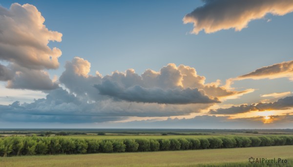 outdoors,sky,day,cloud,water,tree,blue sky,no humans,sunlight,cloudy sky,grass,nature,scenery,forest,sunset,sun,horizon,field,landscape