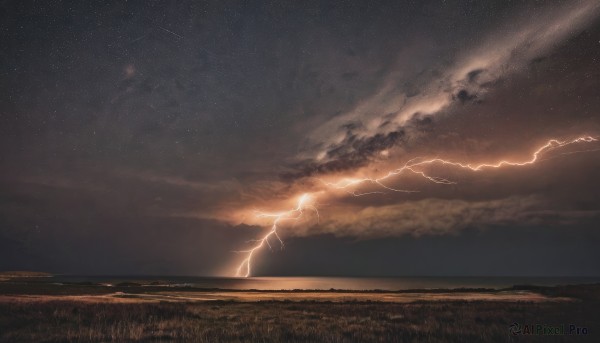 outdoors,sky,cloud,no humans,night,cloudy sky,grass,star (sky),night sky,scenery,starry sky,sunset,horizon,electricity,field,lightning,landscape,water,ocean,dark