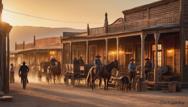 multiple girls,hat,sitting,outdoors,multiple boys,sky,animal,chair,building,scenery,6+boys,sunset,road,riding,lamppost,horse,street,evening,dusk,horseback riding,people,shirt,day,window,bird,top hat,city,sign,fantasy,bucket,multiple others,crowd,ambiguous gender,pavement