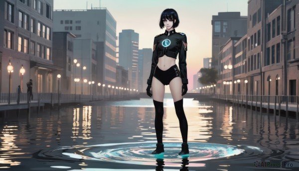 1girl,solo,breasts,looking at viewer,smile,short hair,bangs,blue eyes,shirt,black hair,thighhighs,gloves,long sleeves,navel,closed mouth,standing,jacket,full body,boots,outdoors,sky,shoes,shorts,solo focus,black gloves,midriff,black thighhighs,water,stomach,black footwear,black eyes,black jacket,crop top,black shirt,short shorts,night,glowing,black shorts,bob cut,building,reflection,cropped jacket,city,arms at sides,ripples,lamppost,skyscraper,reflective water,hair ornament,fingerless gloves,rain,buruma,micro shorts,black buruma