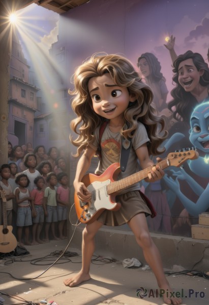 1girl,long hair,smile,open mouth,multiple girls,skirt,brown hair,shirt,holding,brown eyes,standing,white shirt,short sleeves,:d,outdoors,multiple boys,sky,barefoot,teeth,solo focus,cloud,feet,toes,colored skin,upper teeth only,wavy hair,sunlight,bug,t-shirt,building,instrument,child,6+boys,light rays,blue skin,music,sun,guitar,female child,cable,singing,print shirt,playing instrument,holding instrument,electric guitar,crowd,alien,plectrum,black hair,full body,pleated skirt,dark skin,black skirt,messy hair,coin,stage,debris,people