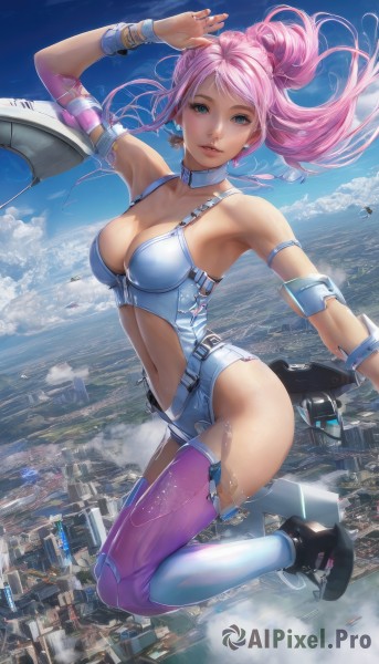 1girl,solo,long hair,breasts,looking at viewer,smile,blue eyes,large breasts,thighhighs,navel,cleavage,bare shoulders,jewelry,collarbone,ponytail,pink hair,earrings,boots,outdoors,parted lips,sky,choker,day,midriff,cloud,armpits,arm up,high heels,bracelet,blue sky,lips,floating hair,ring,armlet,flying,science fiction,city,aircraft,cityscape,midair,medium breasts,shoes,detached collar,armband,realistic