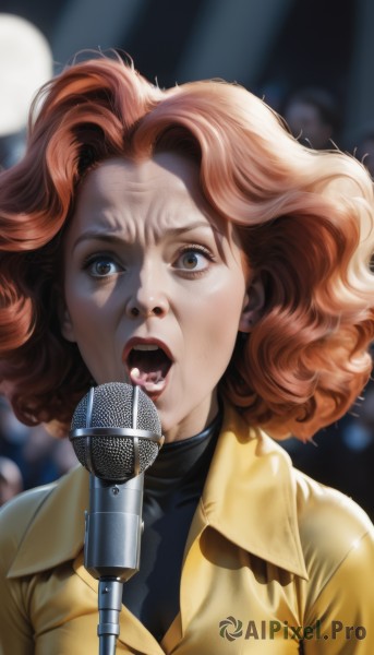 1girl,solo,looking at viewer,short hair,open mouth,brown hair,shirt,brown eyes,jacket,upper body,red hair,teeth,tongue,medium hair,orange hair,blurry,lips,black shirt,blurry background,turtleneck,parody,portrait,microphone,curly hair,realistic,nose,music,singing,microphone stand,spotlight,stage lights,afro