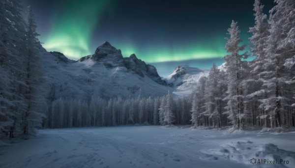 A landscape surrounded by a serene snowy outdoors