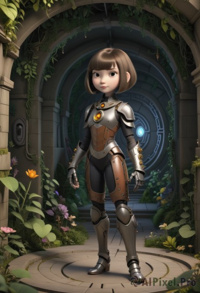 1girl,solo,looking at viewer,short hair,bangs,brown hair,brown eyes,closed mouth,standing,full body,flower,boots,blunt bangs,armor,black eyes,lips,bodysuit,bob cut,plant,shoulder armor,gauntlets,pauldrons,breastplate,arms at sides,black bodysuit,armored boots,greaves,vines,pillar,overgrown,ivy,gloves,fingerless gloves,leaf,full armor,arch,plate armor