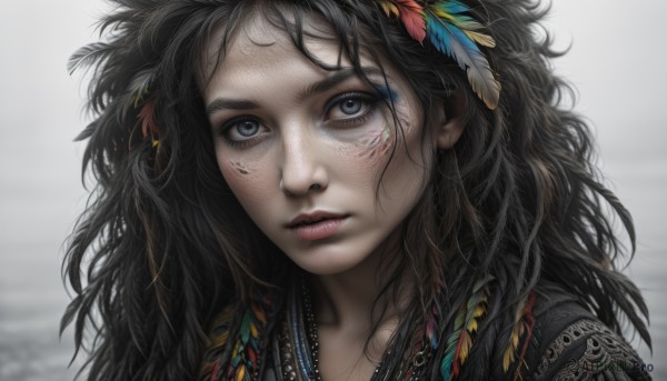 1girl,solo,long hair,looking at viewer,blue eyes,black hair,hair ornament,flower,parted lips,teeth,hair flower,blurry,black eyes,lips,grey eyes,eyelashes,makeup,feathers,messy hair,portrait,close-up,freckles,realistic,nose,feather hair ornament,bangs,simple background,jewelry,closed mouth,braid,necklace,watermark,facial mark,facepaint,tribal