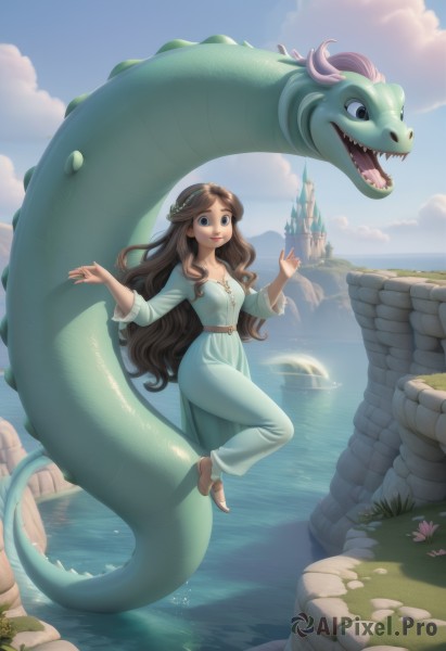 1girl,solo,long hair,breasts,smile,open mouth,blue eyes,brown hair,dress,jewelry,very long hair,flower,outdoors,sky,barefoot,teeth,day,belt,cloud,water,blue sky,lips,blue dress,ocean,wavy hair,cloudy sky,sharp teeth,green dress,fantasy,dragon,castle,long sleeves,full body,braid,artist name,necklace,high heels,brown footwear,sandals,grass,flying,long dress