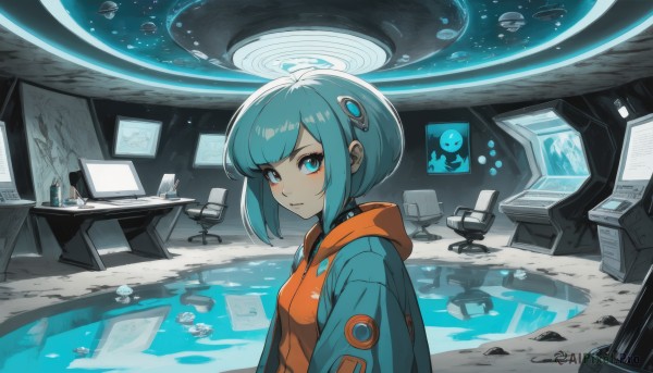 1girl,solo,breasts,looking at viewer,blush,short hair,bangs,blue eyes,hair ornament,long sleeves,closed mouth,blue hair,jacket,upper body,small breasts,open clothes,indoors,hood,water,from side,aqua eyes,open jacket,aqua hair,hoodie,halo,chair,bob cut,hood down,robot,blue jacket,hooded jacket,desk,floating,fish,science fiction,computer,monitor,keyboard (computer),aquarium,ahoge,sidelocks,looking to the side,swept bangs,turtleneck,table,space,planet,floating object,orange jacket,spacecraft,screen,orange hoodie