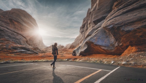 solo,short hair,shirt,1boy,standing,jacket,male focus,outdoors,sky,shoes,day,pants,cloud,bag,from behind,shadow,black pants,backpack,cloudy sky,scenery,reflection,walking,sunset,mountain,sun,road,wide shot,landscape,mountainous horizon,1girl,brown hair,blue sky,sunlight,hands in pockets,sand,street,desert