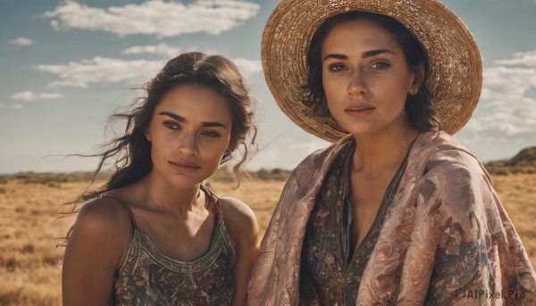 long hair,looking at viewer,smile,multiple girls,black hair,hat,2girls,bare shoulders,brown eyes,jewelry,collarbone,upper body,earrings,outdoors,parted lips,sky,day,cloud,blurry,black eyes,blue sky,lips,blurry background,freckles,realistic,straw hat,field,brown hair,dress,teeth,mole,thick eyebrows,cloudy sky,wind,desert