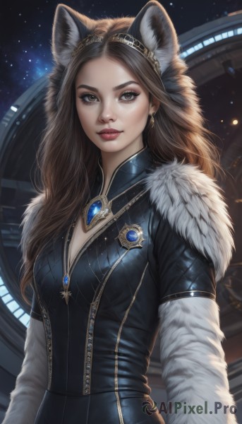 1girl,solo,long hair,breasts,looking at viewer,brown hair,animal ears,cleavage,brown eyes,jewelry,upper body,hairband,earrings,artist name,cat ears,lips,fur trim,makeup,gem,star (sky),realistic,nose,red lips,space,fur,medium breasts,parted lips,necklace,animal ear fluff,bodysuit,fake animal ears,wolf ears,lipstick,forehead,freckles