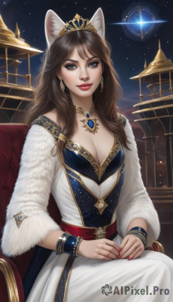 1girl,solo,long hair,breasts,looking at viewer,smile,blue eyes,brown hair,dress,animal ears,cleavage,jewelry,medium breasts,sitting,earrings,sky,cat ears,necklace,nail polish,white dress,bracelet,lips,makeup,night,chair,tiara,crown,lipstick,gem,star (sky),night sky,red nails,starry sky,red lips,hands on lap,bangs,closed mouth,artist name,fingernails,wavy hair,wolf ears,eyeshadow,realistic,throne,red gemstone