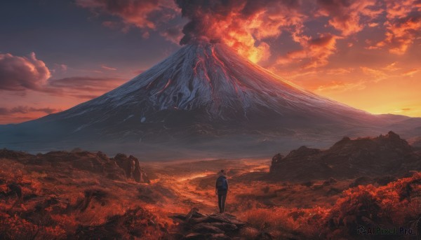 solo, 1boy, standing, outdoors, sky, cloud, bag, backpack, cloudy sky, scenery, sunset, mountain, landscape, red sky