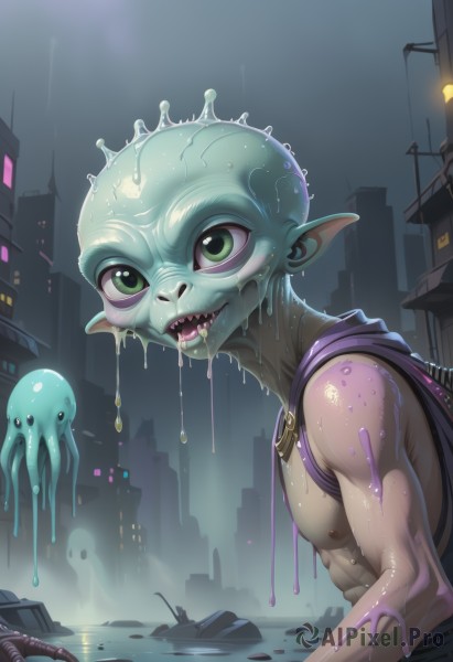 solo,open mouth,1boy,jewelry,nipples,green eyes,upper body,male focus,outdoors,teeth,pointy ears,necklace,wet,saliva,colored skin,sharp teeth,building,rain,topless male,monster,city,bald,green skin,dripping,lamppost,slime (substance),monster boy,alien,colored tongue,artist name,cape,night,fangs,abs