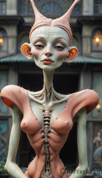 1girl,solo,breasts,looking at viewer,blush,brown eyes,medium breasts,closed mouth,nipples,upper body,nude,small breasts,blurry,makeup,blurry background,colored skin,monster girl,veins,ribs,alien,horror (theme),what,navel,black eyes,lips,genderswap,genderswap (mtf),realistic,antennae,bald