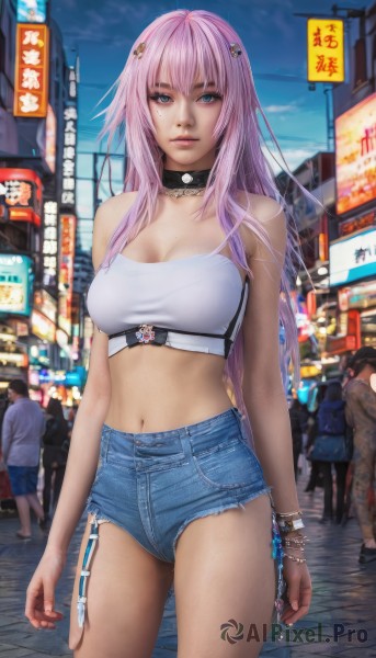 1girl,long hair,breasts,looking at viewer,bangs,blue eyes,hair ornament,navel,cleavage,bare shoulders,jewelry,medium breasts,standing,pink hair,thighs,cowboy shot,outdoors,multiple boys,sky,shorts,solo focus,choker,midriff,bracelet,lips,crop top,short shorts,strapless,denim,denim shorts,city,realistic,arms at sides,tube top,cutoffs,solo,smile,large breasts,very long hair,closed mouth,collarbone,day,belt,artist name,necklace,stomach,blurry,collar,fingernails,makeup,night,blurry background,black choker,tank top,building,gem,spikes,eyeshadow,pink lips,bandeau,taut clothes,road,taut shirt,street,mascara,o-ring choker,neon lights