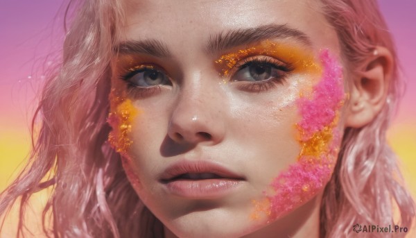 1girl, solo, long hair, looking at viewer, pink hair, parted lips, lips, grey eyes, eyelashes, makeup, portrait, close-up, freckles, realistic, nose