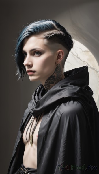 1girl,solo,breasts,looking at viewer,short hair,black hair,jewelry,nipples,blue hair,upper body,multicolored hair,earrings,small breasts,parted lips,open clothes,hood,cape,black eyes,from side,two-tone hair,lips,grey eyes,no bra,tattoo,makeup,moon,hood down,cloak,realistic,nose,nipple slip,undercut,hooded cloak,blue eyes,necklace,very short hair,mohawk