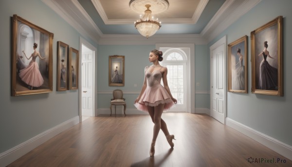 1girl,solo,breasts,short hair,multiple girls,brown hair,black hair,gloves,dress,bare shoulders,jewelry,standing,full body,pantyhose,sleeveless,elbow gloves,indoors,hair bun,white dress,black dress,high heels,black pantyhose,shadow,chair,single hair bun,reflection,wooden floor,mirror,door,dancing,painting (object),reflective floor,chandelier,ballerina,ballet slippers,ballet,tutu,window,formal,walking,realistic,picture frame,picture (object),portrait (object)