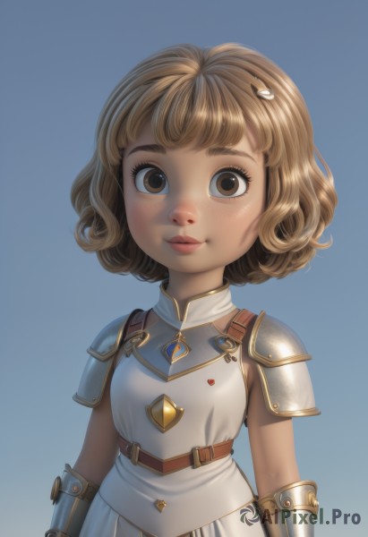 1girl,solo,looking at viewer,smile,short hair,bangs,simple background,brown hair,hair ornament,dress,brown eyes,closed mouth,upper body,sleeveless,hairclip,belt,white dress,armor,flat chest,lips,gradient,gradient background,blue background,shoulder armor,gauntlets,child,freckles,curly hair,pauldrons,breastplate,arms at sides,female child,blush,eyelashes,gem,realistic