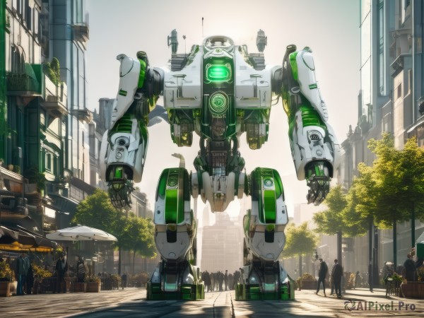 outdoors,multiple boys,solo focus,day,tree,military,no humans,glowing,robot,ground vehicle,building,mecha,motor vehicle,science fiction,6+boys,city,realistic,people,scenery,walking,road,lamppost,street,crowd,traffic light