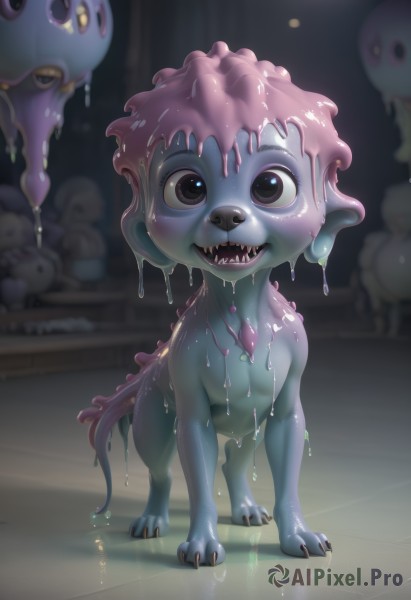 solo,looking at viewer,smile,open mouth,standing,tail,full body,pink hair,teeth,indoors,blurry,black eyes,wet,no humans,blurry background,colored skin,stuffed toy,stuffed animal,sharp teeth,claws,monster,creature,dripping,slime (substance),horror (theme),1girl,blush,brown eyes,monster girl,blue skin,slime girl