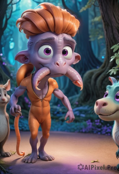 solo,1boy,standing,purple eyes,tail,full body,male focus,outdoors,teeth,tongue,pointy ears,artist name,tongue out,orange hair,blurry,tree,bodysuit,blurry background,colored skin,animal,child,nature,forest,zipper,rabbit,male child,purple skin,long tongue,alien,monkey,lizard,flower,leaf,watermark,grass,web address,bush,mushroom,mouse,squirrel