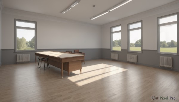 day,indoors,tree,book,no humans,window,shadow,chair,table,sunlight,plant,curtains,scenery,desk,wooden floor,door,shade,school,ceiling light,white background,classroom,chalkboard