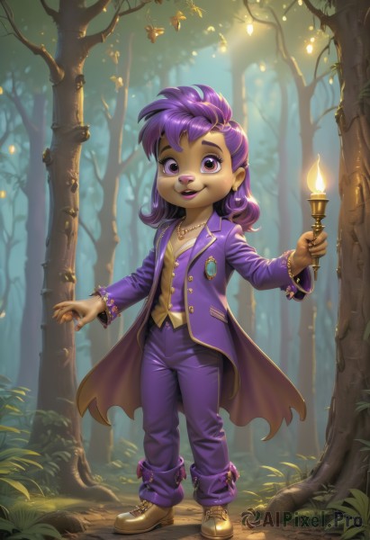 1girl,solo,looking at viewer,smile,shirt,long sleeves,holding,jewelry,closed mouth,standing,purple eyes,jacket,full body,purple hair,earrings,outdoors,open clothes,shoes,pants,artist name,medium hair,pink eyes,necklace,nail polish,vest,bracelet,tree,coat,makeup,buttons,watermark,brown footwear,ring,grass,bug,lipstick,butterfly,child,nature,web address,forest,open coat,blue pants,female child,candle,purple jacket,purple pants,pointy footwear,long hair,breasts,short hair,open mouth,bangs,boots,teeth,day,shiny,signature,cape,blurry,flat chest,lips,leaf,formal,happy,sunlight,suit,fire,gem,light particles,pendant,personification,freckles,yellow shirt,light rays,hoop earrings,purple shirt,dappled sunlight,brown vest